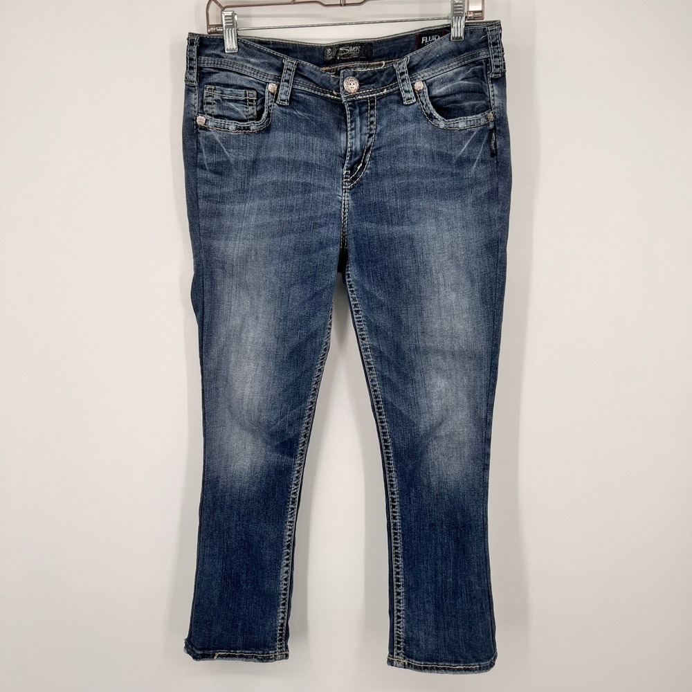 Silver Jeans Co Suki High Capri Fluid Denim Blue Embroidered Flap Pocket W32 L23